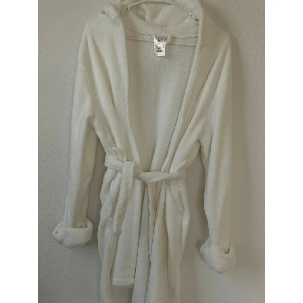 Gap Kids White Fleece Hooded Bathrobe Size 14 Recycled Polyester Tie Waist Robe